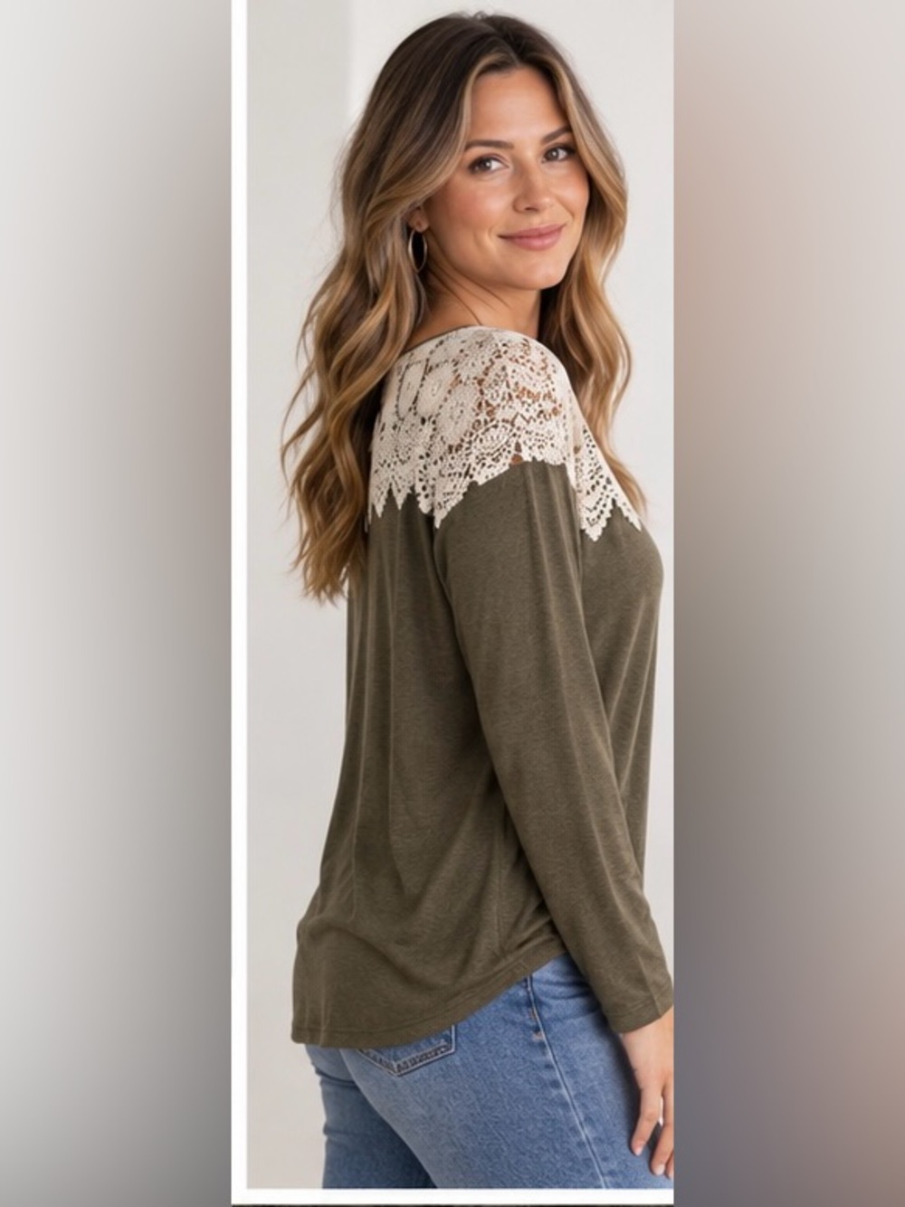 Umgee Olive Green Long-Sleeve Top with Cream Lace Yoke